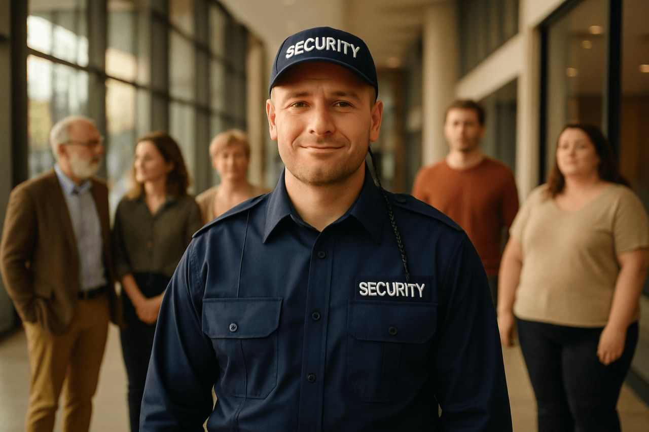 Sicherheitsfachkraft im Dienst behält aufmerksam die Umgebung im Blick