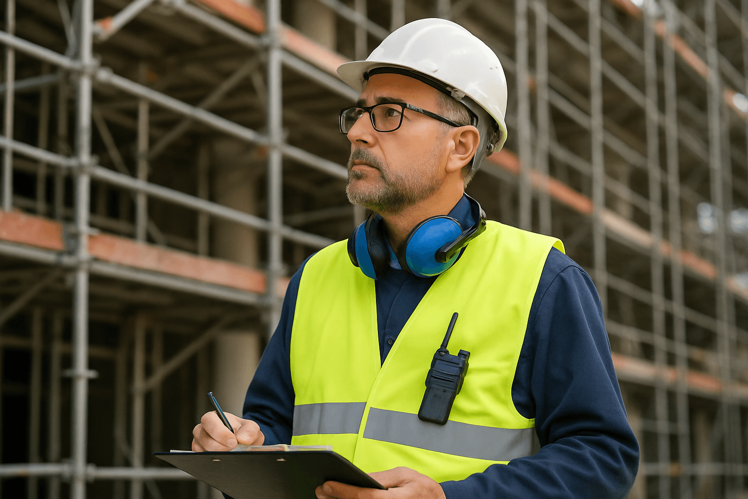 Sicherheitsunterweisung auf der Baustelle mit Helm und Schutzausruestung