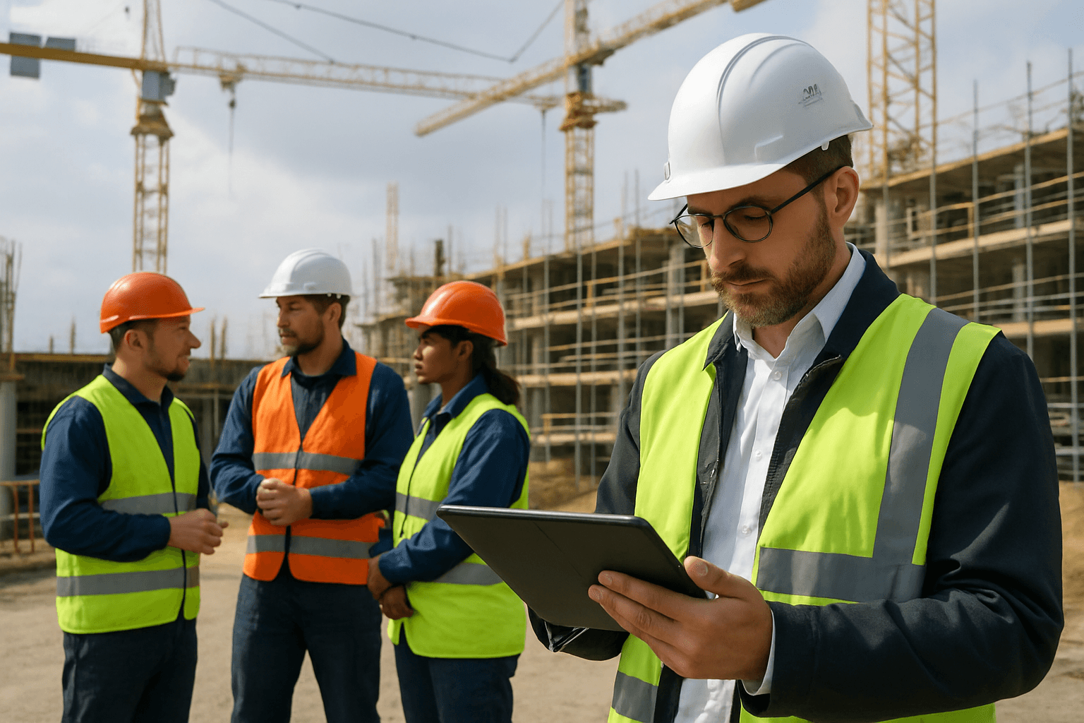 Bauleiter mit Tablet organisiert die Lohnabrechnung auf der Baustelle