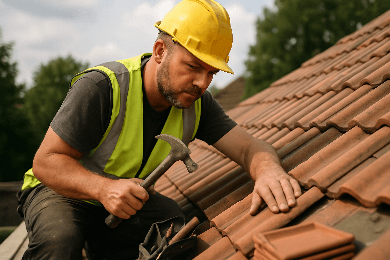 Dachdecker mit Helm und Warnweste arbeitet auf einem Ziegeldach