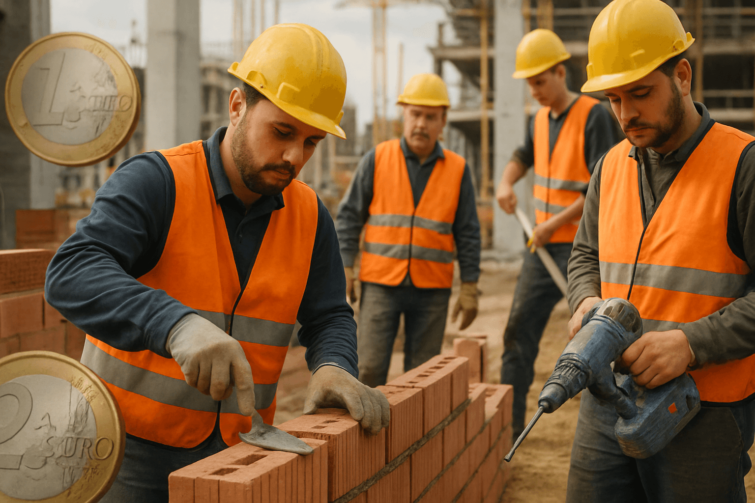 Bauarbeiter mit Helm und Warnweste mauern auf der Baustelle