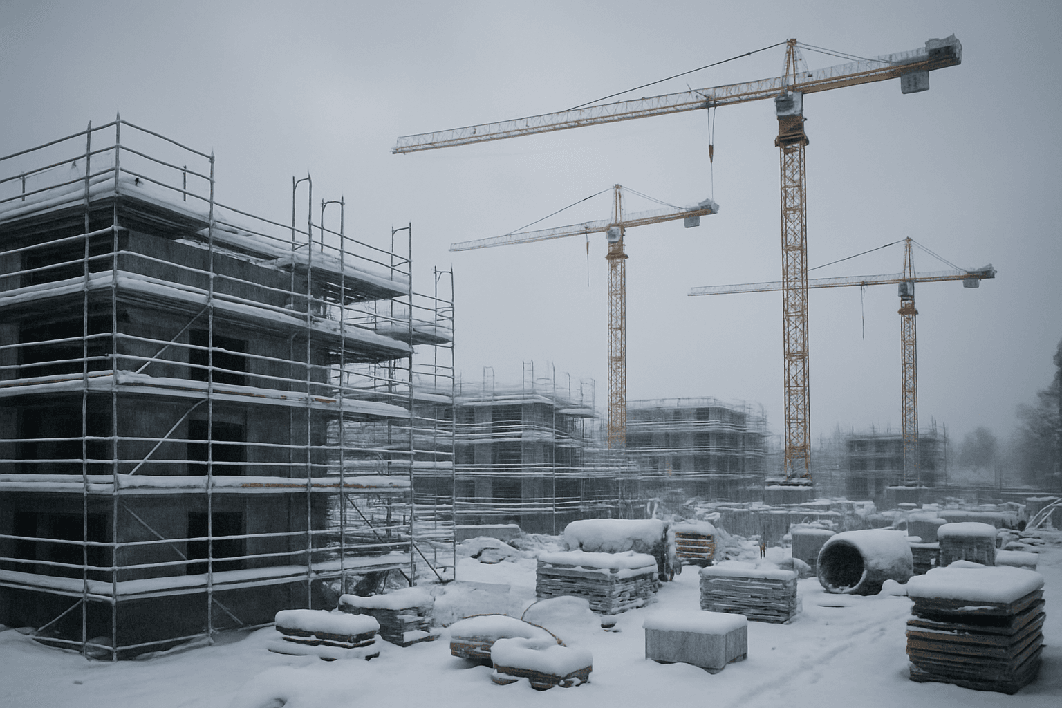 Verschneite Baustelle mit stillstehenden Kraenen im Winter