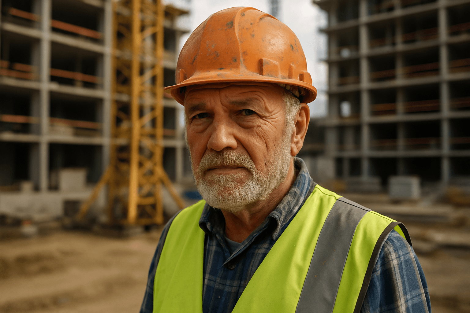 Erfahrener aelterer Bauarbeiter mit Helm und Warnweste auf der Baustelle
