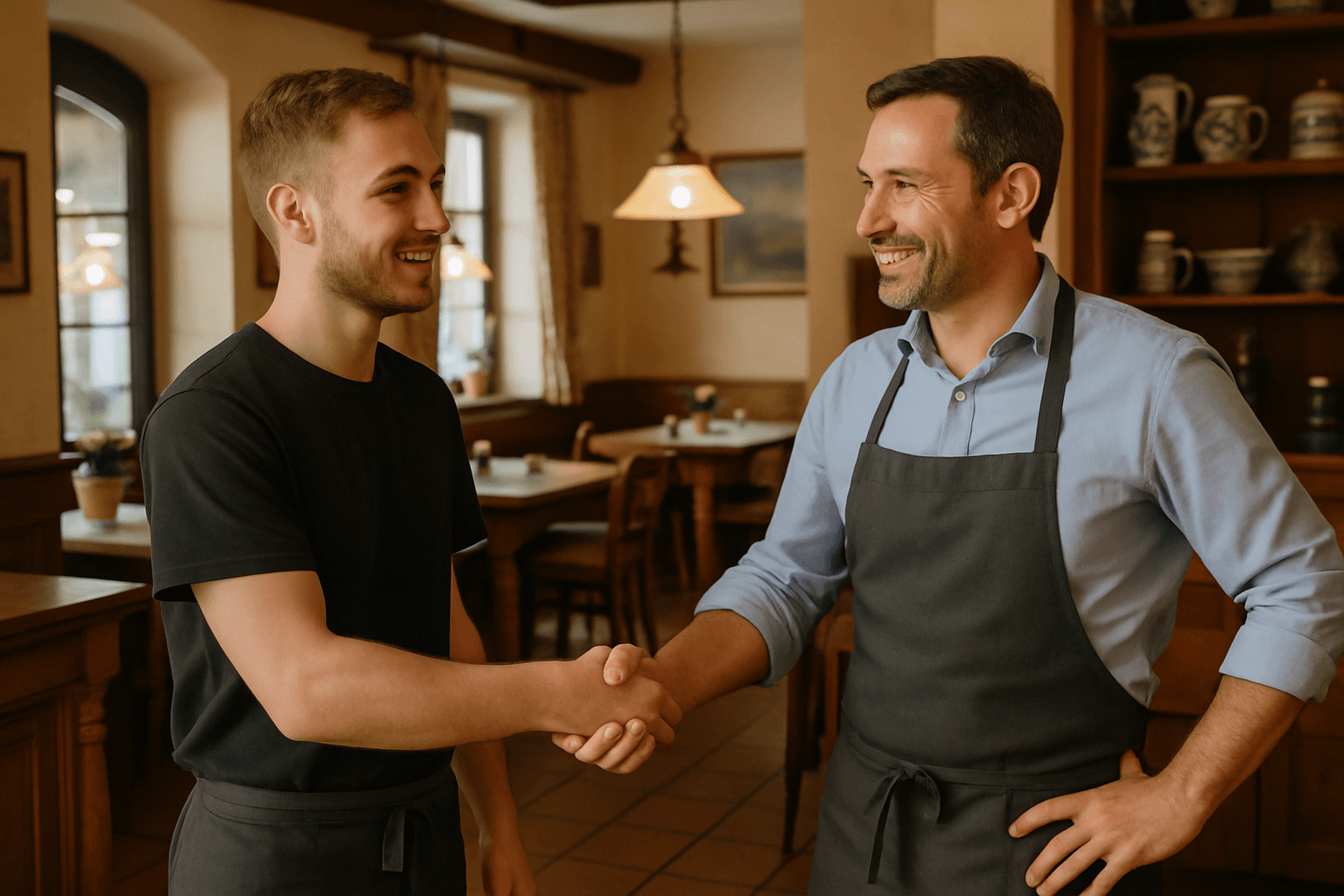 Restaurantleiter begrüßt eine neue Mitarbeiterin im Restaurant