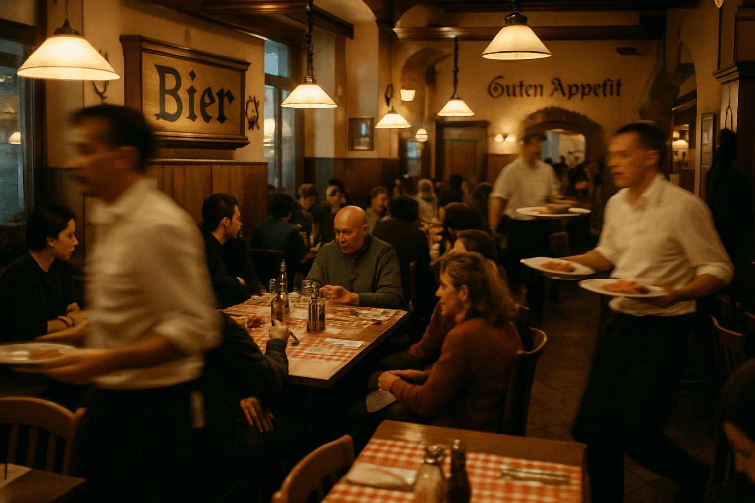 Kellner bewegen sich während der Stoßzeit zwischen den Tischen eines belebten Restaurants