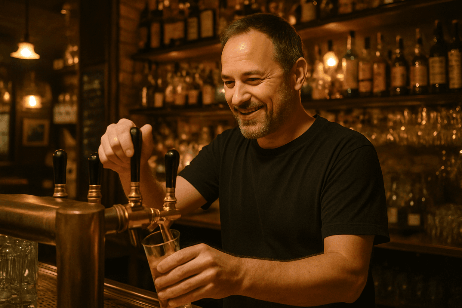 Freundlicher Barkeeper arbeitet während einer Abendschicht in einer Bar