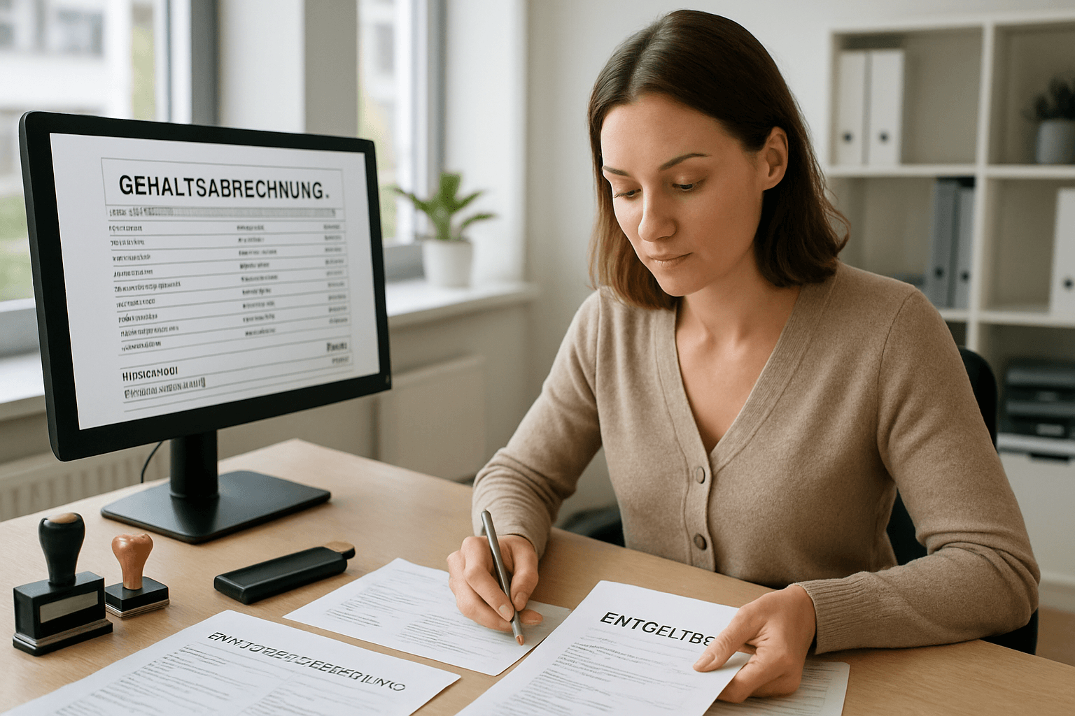 Lohnbüro-Mitarbeiter erstellt Pflichtbescheinigungen am Arbeitsplatz im modernen Büro