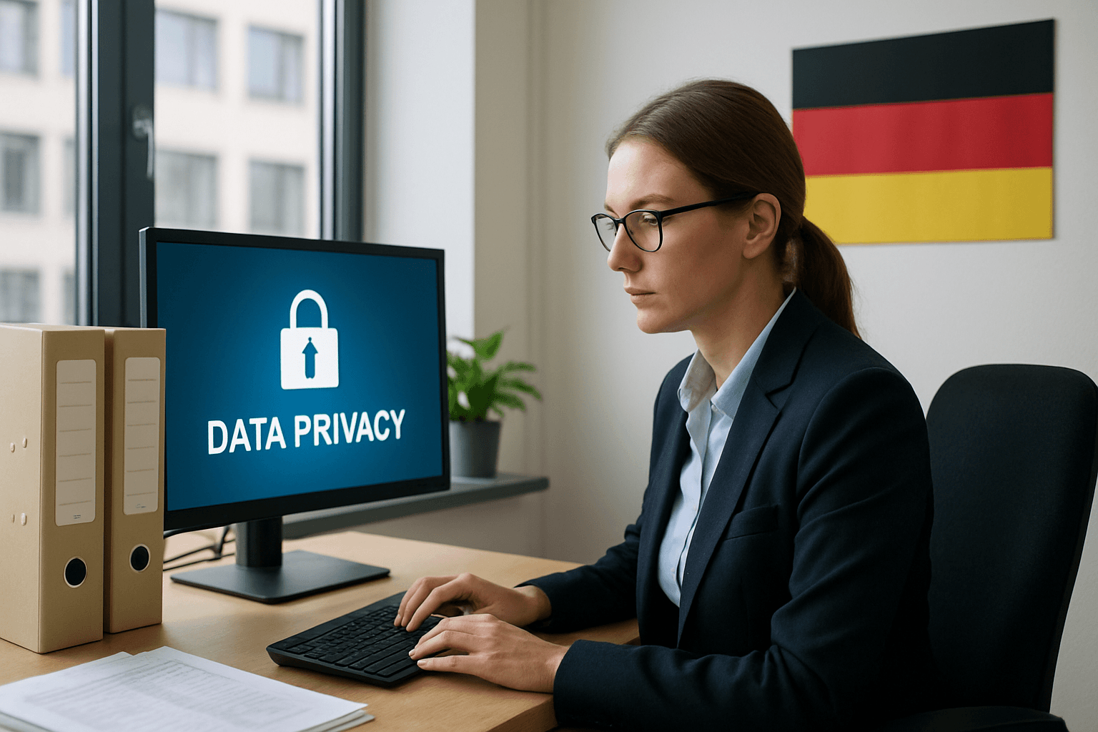 Payroll-Fachkraft verarbeitet sensible Lohndaten DSGVO-konform am sicheren Arbeitsplatz