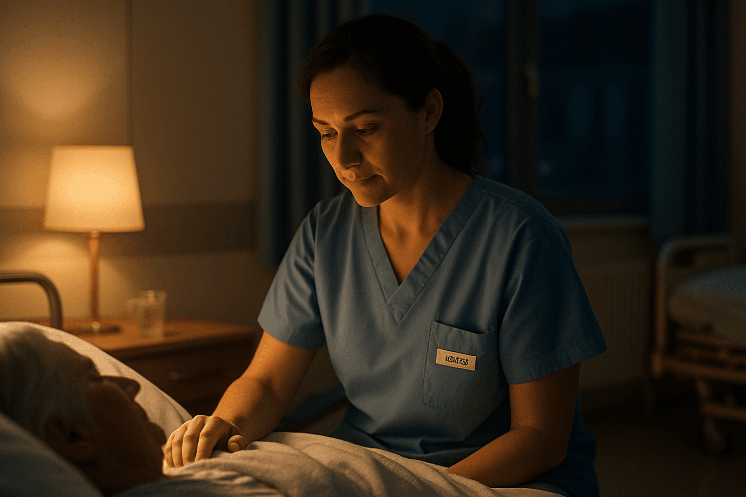 Pflegekraft im Nachtdienst kümmert sich bei sanftem Licht um eine Patientin