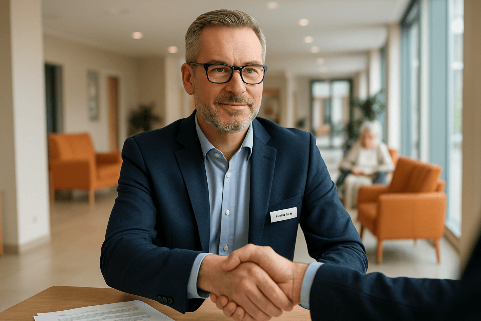 Leitung einer Pflegeeinrichtung im vertrauensvollen Gespräch in einem hellen Empfangsbereich