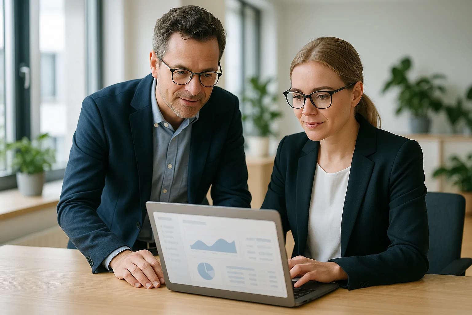 Digitale Lohnabrechnung am Laptop - modernes Buero mit Payroll-Software