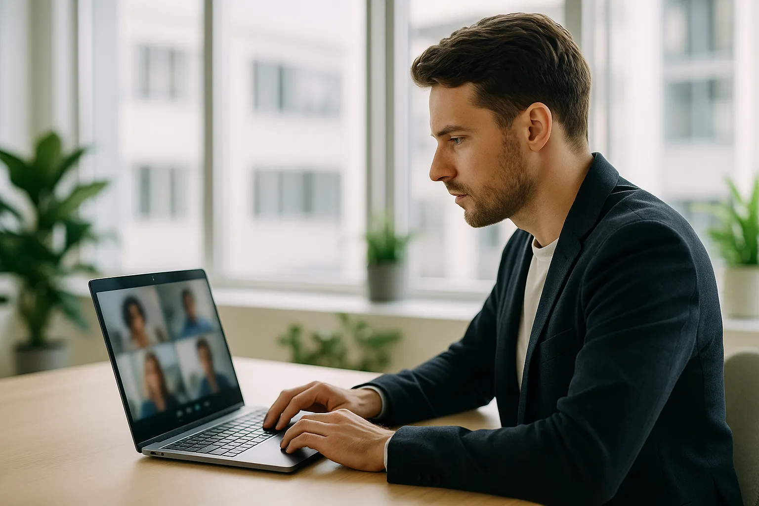 Digitale Lohnabrechnung am Laptop - modernes Buero mit Payroll-Software