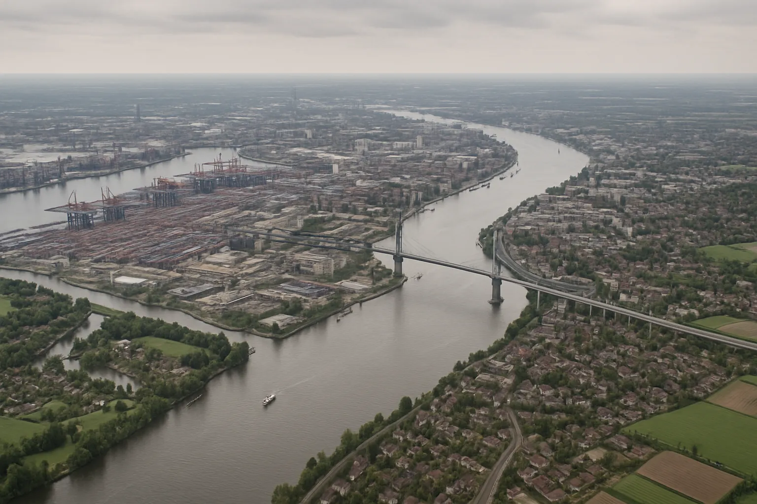 Hamburger Hafen mit Containerterminal und Speicherstadt im Hintergrund