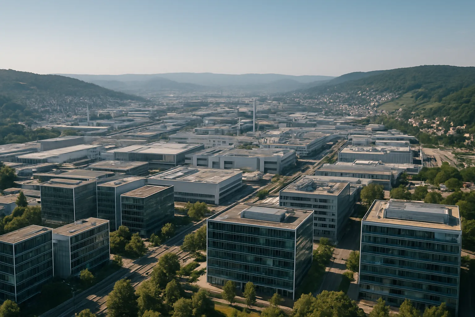 Skyline der Metropolregion Stuttgart mit Industriegebiet und Unternehmensstandorten