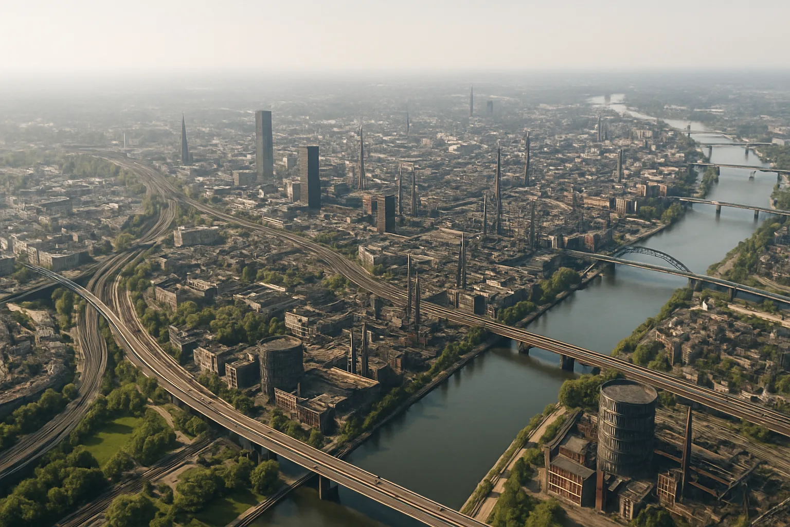 Rhein-Ruhr-Region mit Industriekulisse und Koelner Dom am Rheinufer